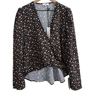 NSR Black Floral Crossover Wrap Front Top Size XL New